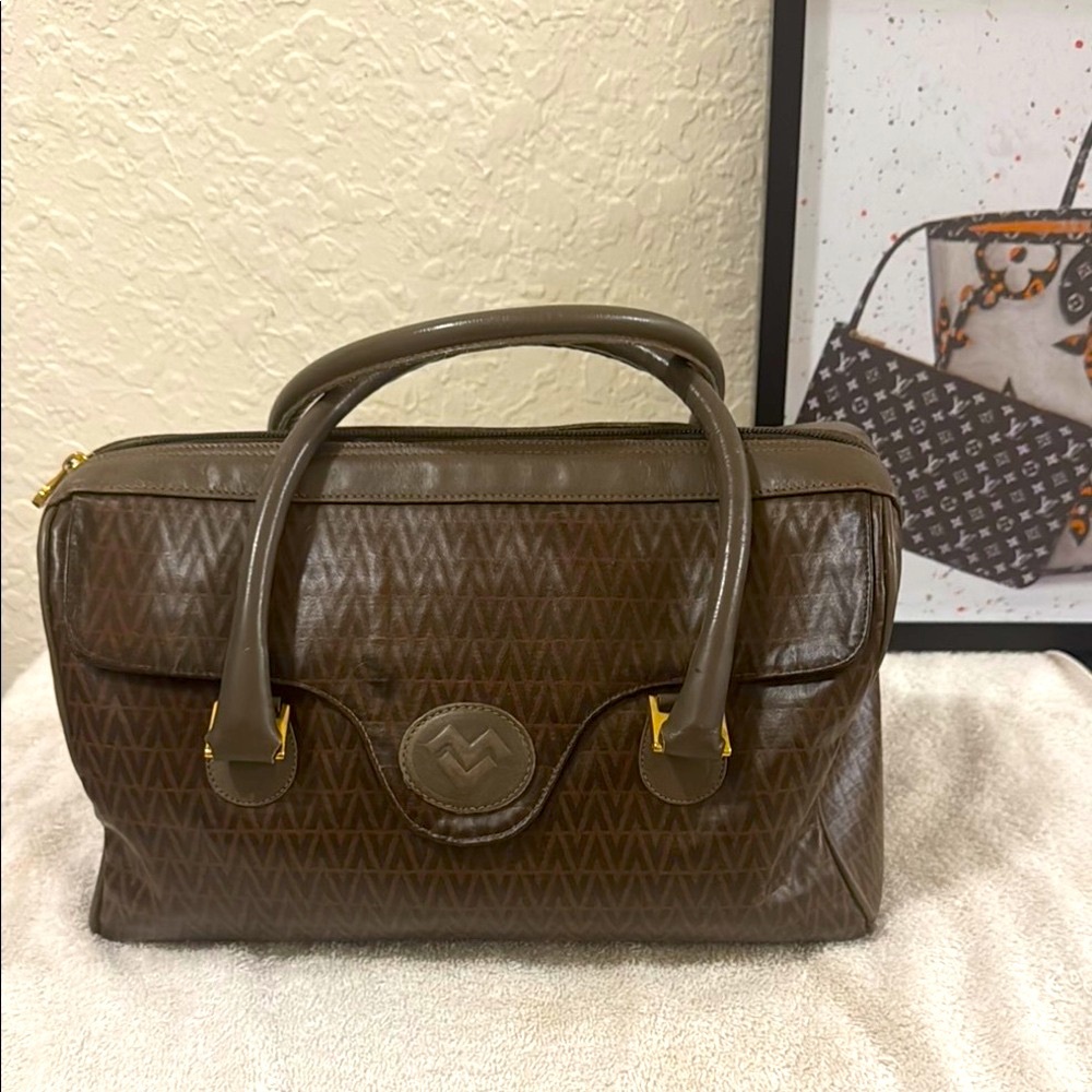 Mario Valentino  Brown Leather Briefcase with Gold Hardware